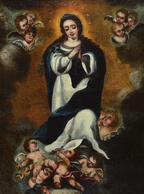 Unbekannter Künstler, um 1680-1720, Maria Immaculata, Maria umgeben von Putten, oben in Dreiergruppen, Öl/Lwd, rest., doubliert, wurde 2013 für ...