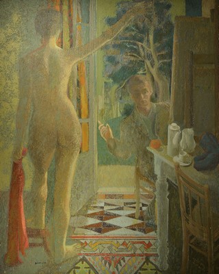 Jean Marc Besson, geb. 1939, Frauenakt im Künstleratelier, gut beobachtete Szene und interessanter Bildaufbau, der Blick des Betrachters fällt vom ...