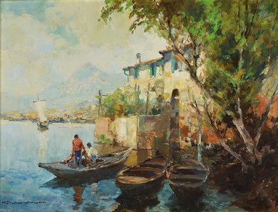 Hermann Schmidtmann, 1869 -1936 Wuppertal, ital. Seenlandschaft mit Fischern und Gehöft, typ. Farbspiel des Wassers, warme und kalte Töne, ...