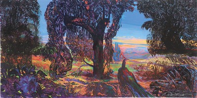 Ernst Fuchs, 1930 Wien-2015, Il Pavone, Farbserigraphie auf Lwd, auf Hartfaserplatte aufgezogen, handsigniert, num.50/99, ca. 80 x 140cm, seitlich ...