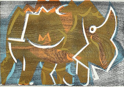 HAP Grieshaber, 1909 Rot-1981 Eningen, Nashorn Saurier, Holzschnitt in schwarz, blau und ocker, von 1972, rechts unten signiert, ca. 29x41cm, PP, ...