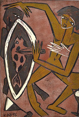 Klaus Süß, geb. 1951 Crottendorf/Erzgebirge, tätig in Chemnitz, Der Angriff, übermalter Farblinolschnitt, links unten signiert und dat. 96, ...