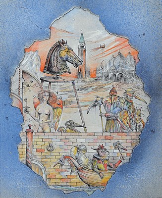 Werner Holz, 1948 Grünstadt-1991 Ludwigshafen am Rhein, namhafter Vertreter des Phantastischen Realismus, hier: Gestern- beim Karneval in Venedig, ...