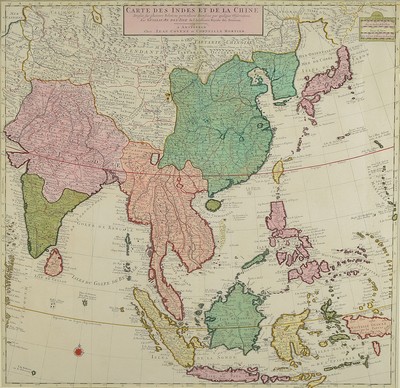 Kupferstichkarte, Guillaume de l'Isle, um 1700, Südostasien mit Indien, China, Indonesien etc., Doppelblatt mit Bugfalte, teilkoloriert, ca. ...