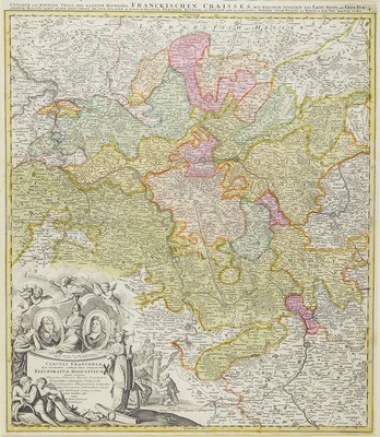 3 Kupferstichkarten aus dem 18. Jh., Homann und Homanns Erben, alle teilkoloriert und mit Bugfalte, 1) Circuli Franconiae... Electoratum Moguntinum, ...