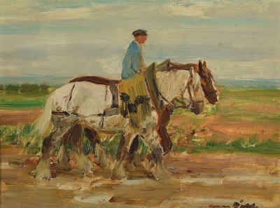 Otto Dill, 1884 Neustadt - 1957 Bad Dürkheim, Bauer mit zwei Kaltblütern, Öl/Platte, diese rückseitig mit Bleistift beschriftet, re. u. ...