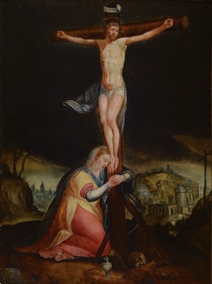 Unbekannter Künstler, Frankreich, um 1780, Maria weinend unter dem Kreuz, Öl/Holz (gewölbt), ca. 48x36cm, Altersschäden, R.