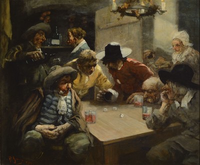 Paul Brauns, Münchener Maler des 19./20. Jh., Männer beim Würfelspiel, Öl/Holz, links unten signiert, ca. 50x60cm, R. ca. 74x84cm, Prunkrahmen