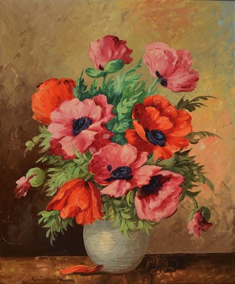 Unbekannter Künstler, deutsch, 1. Hälfte 20. Jh., Stillleben mit Mohnblumen, Öl/Lwd, links unten unleserlich signiert, ca. 60x50cm, R. ca. 78x68cm