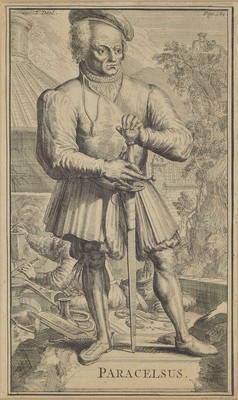 Kupferstich, deutsch, 16. Jh., Ganzporträt des Paracelsus (1494-1541), ca. 26x15cm, PP, u.Gl., R. ca. 40x28cm