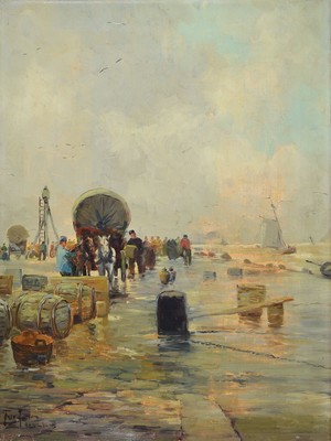 Ferd. Jansen o.ä., deutscher Maler um 1920-30, Heimkehr der Fischer am Kai, Öl/Lwd, links unten schwer lesbar signiert, ca. 60x45cm