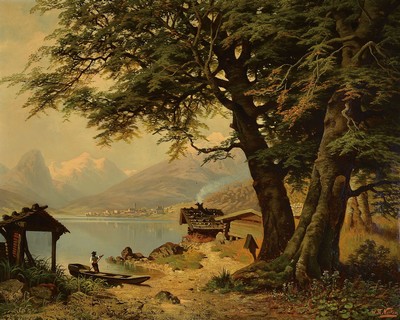 Wilhelm Theodor Norken, 1830-1905 Düsseldorf, Landschaft, Blick durch die Bäume über den See auf die Berge, am Ufer ein Fischer und Hütten, ...