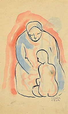 Béla Kadar, 1877-1956, Aquarell, Tuschepinselzeichnung auf Papier, "Mutter und Kind", es handelt sich eigentlich um zwei Werke, denn der ...