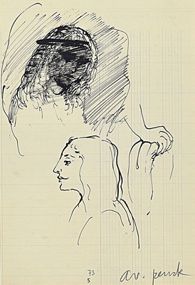 A.R. Penck, 1939 - 2017, Tusche-Federzeichnung/Skizze auf liniertem Blatt, Porträtstudien, handsigniert, ca. 29.5 x 21 cm,/54.5 x 42 cm, unter Glas, ...