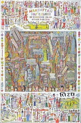 James Rizzi, 1950 - 2011, "Manhatten Golf classic", Offset auf Hochglanzpapier, handsigniert, zum ersten jährlich stattfindenden Golf ...