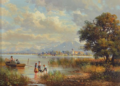 Hubert Kaplan, geb. 1940 München, Chiemseelandschaft mit spielenden Kindern und Fraueninsel im Hintergrund, sehr feine Miniaturmalerei, meisterliche ...