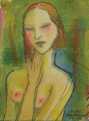 Willi Hertlein, 1908 - 1968, 1936 Porträt einer jungen Frau, Halbakt, Aquarell, sehr feine Zeichnung, mystische Farbgebung, signiert, 14.5 x 11 cm, ...