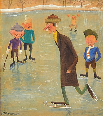 Willi Hertlein, 1908 - 1968, Karikatur, Schlittschuhläufer, Aquarell, signiert und dat. 33, 24.5 x 21.8 cm, Rahmen 53.3 x 43.3 cm
