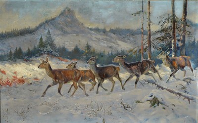 Albert Singer, 1869-1922, Rehe in verschneiter Winterlandschaft, Öl/Lwd, rechts unten signiert A. Singer 1906 Schliersee, leichte ...
