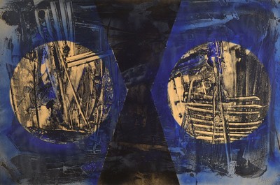 Paul Löffler, 1938-1995 Mannheim, Abstrakte Komposition, Mischtechnik aus Tusche und Gouache, rechts unten signiert, ca. 63x95cm, u.Gl., R. ca. ...