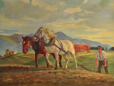 Josef Schröder-Schönenberg, 1896-1948, Pflügender Bauer mit zwei Pferden, Öl/Lwd, links unten signiert und dat. 36, rest., ca. 60x80cm, R. ca. ...