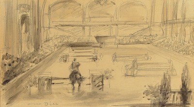 Otto Dill, 1884 Neustadt-1957 Bad Dürkheim, Tusche und Bleistift auf Papier, Reitturnier, li. u. handsigniert, 18 x 32.5 cm, Rahmen ca. 53 x 65.2 cm