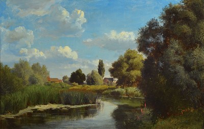 Richard Fresenius, 1844 - 1903, Kronberger Maler, Flußlandschaft, Öl/Lwd/ Karton, unsigniert, rückseitig mit Bestätigung der Tochter u. no.921 ...