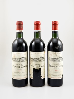 3 Flaschen 1978 Pontet-Canet, Pauillac, Grand Cru Classe, je ca. 75 cl, Füllstände: 2x top shoulder & 1x into neck, Etiketten stärker besch. bzw. ...