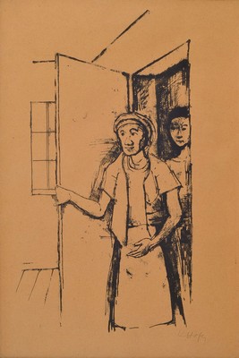 Carl Hofer, 1878 Karlsruhe-1955 Berlin, An der Tür, Lithographie, signiert, ca. 37x 25cm, u.Gl., R., gebräunt