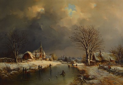 Unbekannter Künstler, Niederlande, 2. Hälfte 19. Jh., Eisvergnügen, Winterlandschaft mit Personen auf dem Eis unter Wolken verhangenem Himmel, ...