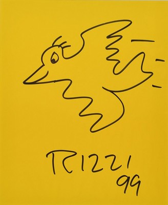 James Rizzi, 1950-2011, "Bird", Filzstift- Zeichnung, handsign., sign., dat. 99, unter Glas gerahmt, gesamt ca. 40x30 cm