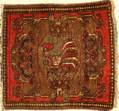 Seltener Hahn Poshti antik, Westpersien, um1900, Wolle auf Baumwolle, ca. 57 x 53 cm, EHZ: 2-3