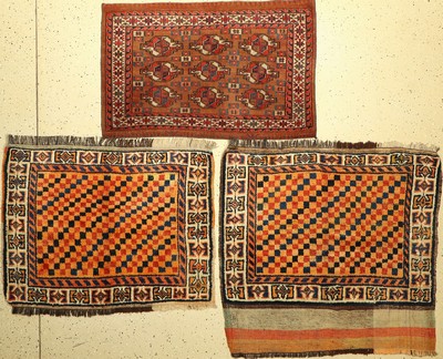 (3 Lots) 1x Yomud Tschowal 2x Gabbeh große Taschenfronten alt, Turkmenistan/Persien, um 1900/1920, Wolle auf Wolle, selten, sammelwürdig, EHZ: 2-3