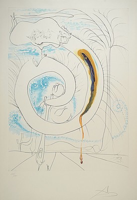 Salvador Dali, 1904-1989, Le Cercle visceral du cosmos, Kaltnadelradierung auf Farblithographie mit Prägung, Blatt 7 aus: La Conquete du Cosmos von ...