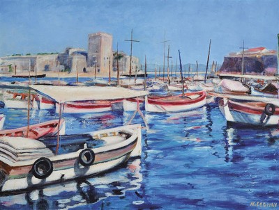 H. Leguay, französischer Maler des 20. Jh., Boote im Hafen, Öl/Lwd, signiert, ca. 46x61cm, R. ca. 61x77cm