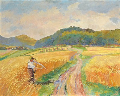 Willy Deutschmann, geb. 1880 Oberflörsheim bei Alzey, war ansässig in Petersbächel, hier: Ernte in Wasgaulandschaft, Öl/Malkarton, links unten ...