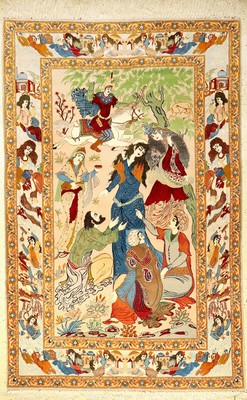 Feiner Esfahan Bildteppich, alt, Persien, um 1960/1970, Korkwolle auf Seide, ca. 242 x 154 cm, 10x10 Knüpfung, selten, EHZ: 2