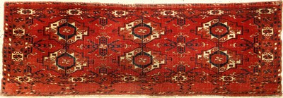 Sehr feiner Tekke Torba, Turkmenistan, 19.Jhd., Wolle auf Wolle, ca. 113 x 39 cm, sech-Gül Typus, (Alters und Gebrauchsspuren)