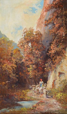 Randolph Wehn, 1911-1987 München, Schäferin mit ihrer Herde in einer Schlucht, Öl/Lwd, rechts unten signiert, ca. 50x30cm, R. ca. 66x46cm