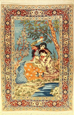 Seltener Feiner Esfahan alt, Persien, Signiert Modares, ca. 60 Jahre, Korkwolle auf Seide, ca. 160 x 109 cm, seltenes Motiv, sehr feine Qualität, ...