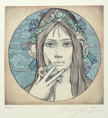 Ernst Fuchs, 1930 Wien-2015, Flora, Farbradierung, signiert und num. 53/199, ca. 25x25cm, u.Gl., R. ca. 65x48cm