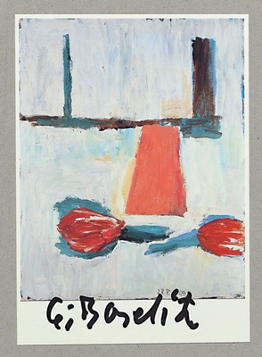 Georg Baselitz, geb. 1938, Postkarten- Multiple, Farboffset, handsigniert, ca. 15x 10cm, u.Gl., R. ca. 33x24cm