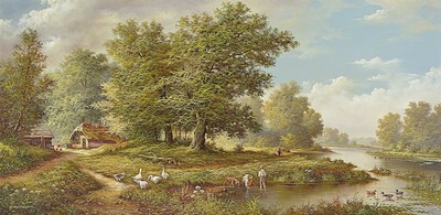 Herbert Neuberger, 1926 Halle, Ländliche Idylle am Bach, Öl/Lwd, li. u. signiert, mit Gemäldebrief der Galerie Vogel, wurde 1986 gekauft, ca. 50 x ...