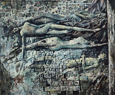Hanns Joachim Gestering, 1911 Wunsiedel - 1992 Forstel, "Tod wie Schlaf", verso bezeichnet, re. u. signiert, Öl/Malplatte, ca. 50 x 60 cm, ...