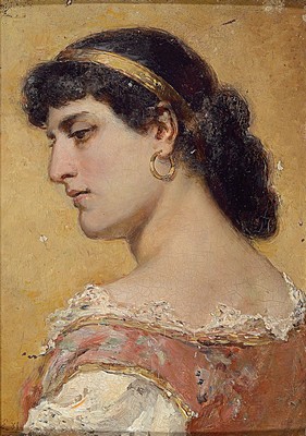Monogrammist H.E., datiert (18)89, Porträt einer jungen Römerin, Öl/Holz, links unten signiert und dat., ca. 28x20cm, ca. 40x32cm