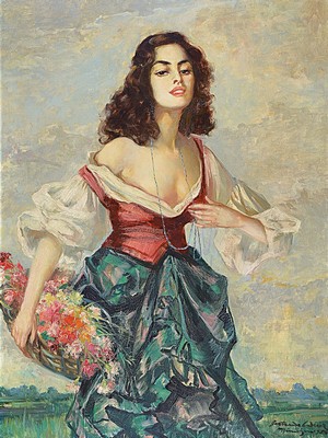 Gertrude Wenk-Praun, Münchener Malerin, war tätig um 1910-1930, Junge Frau mit Blumenkorb, Öl/Lwd, rechts unten signiert: G. Wenk München 1924, ...