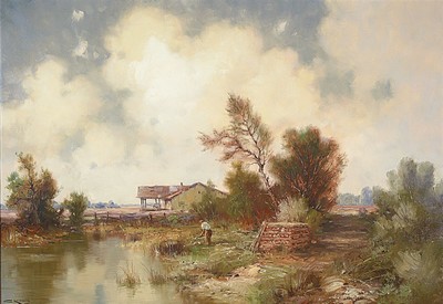 Günter König, 1926-2006, Studium an der Akademie Düsseldorf, Meisterschüler von Prof. Hahn, hier: Wolken über einem Bauernhof mit Weiher, ...