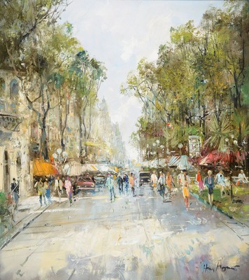 Paul Morro (eigentl. Ingfried Paul Henze-Morro, 1925 Leipzig-2013 Wiesbaden, Studium an den Akademien Leipzig und München, hier: Belebter Boulevard ...