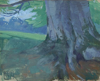 Karl Schmoll von Eisenwerth, 1879 Wien - 1948, Landschaft mit Blick auf eine Lichtung und mächtigem Baum im Vordergrund, li. u. monogrammiert und ...