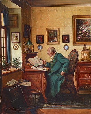 Curt Brückner, 1896-1956 Berlin, Der Briefmarkensammler in der Stube, Öl/Hartfaser, signiert und dat. 54, ca. 50x40cm, R. ca. 64x54cm